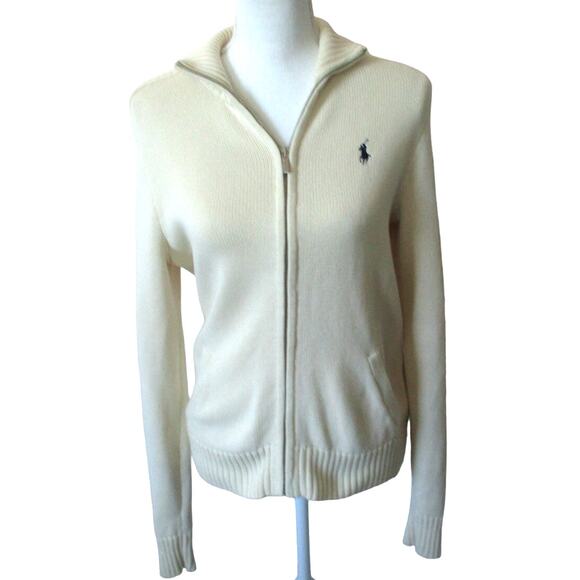 Ralph Lauren Sport Boys Cream Long Sleeve Full Zip Sweater Unisex Size Medium - Picture 1 of 9